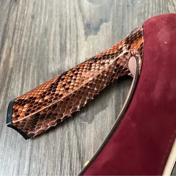 Prada NEW Authentic Burgundy Suede Platform Block Heels with Snakeskin Detail - Picture 5 of 14